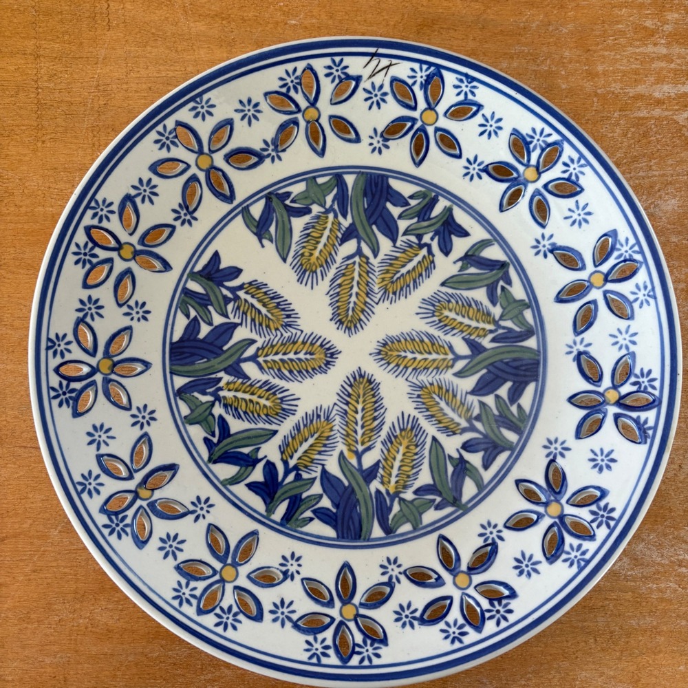 Vintage Reticulated Ceramic Plate Blue White Wheat Floral Pierced Border 10 Inch